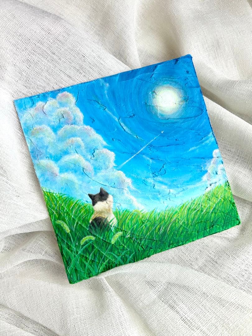 「いま、ここにいる」空の絵　猫の絵　キャンバス　メディウム　立体アート　雲の絵