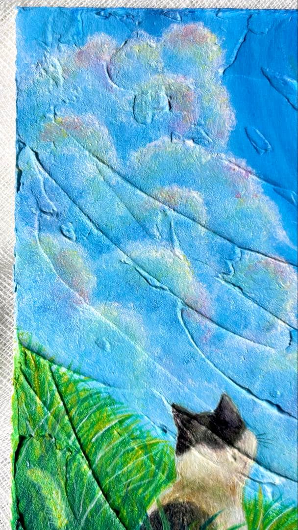 「いま、ここにいる」空の絵　猫の絵　キャンバス　メディウム　立体アート　雲の絵