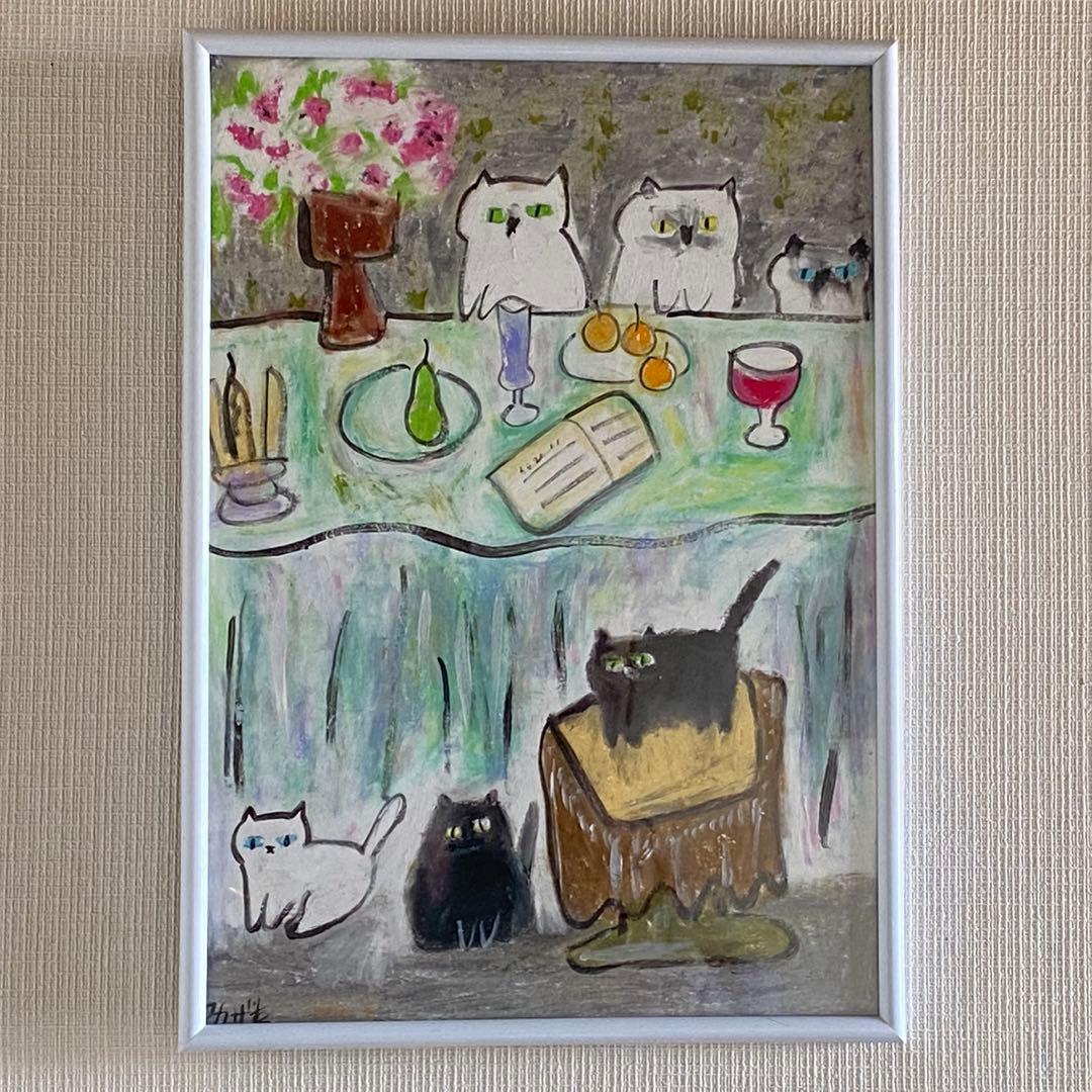 絵画 。手描き【かわいい猫たちが花、ワイン、果物のテーブルを囲んでいる】