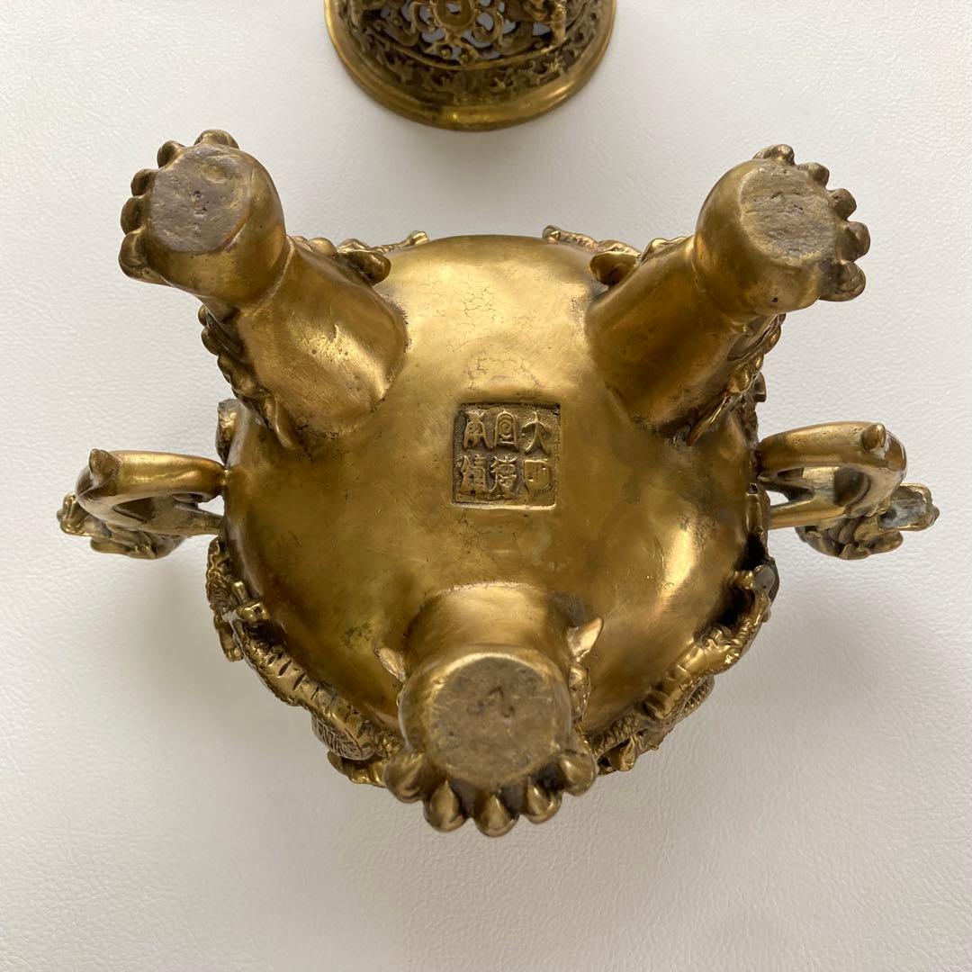大明宣徳年鋳 香炉 銅製⁇ 真鍮⁇ 獅子 龍 工芸品 美術 大型 置物 レトロ