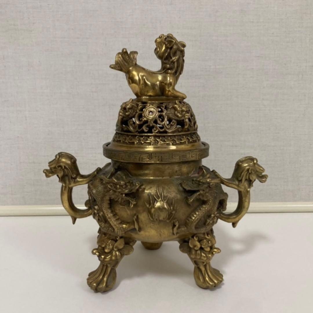 大明宣徳年鋳 香炉 銅製⁇ 真鍮⁇ 獅子 龍 工芸品 美術 大型 置物 レトロ