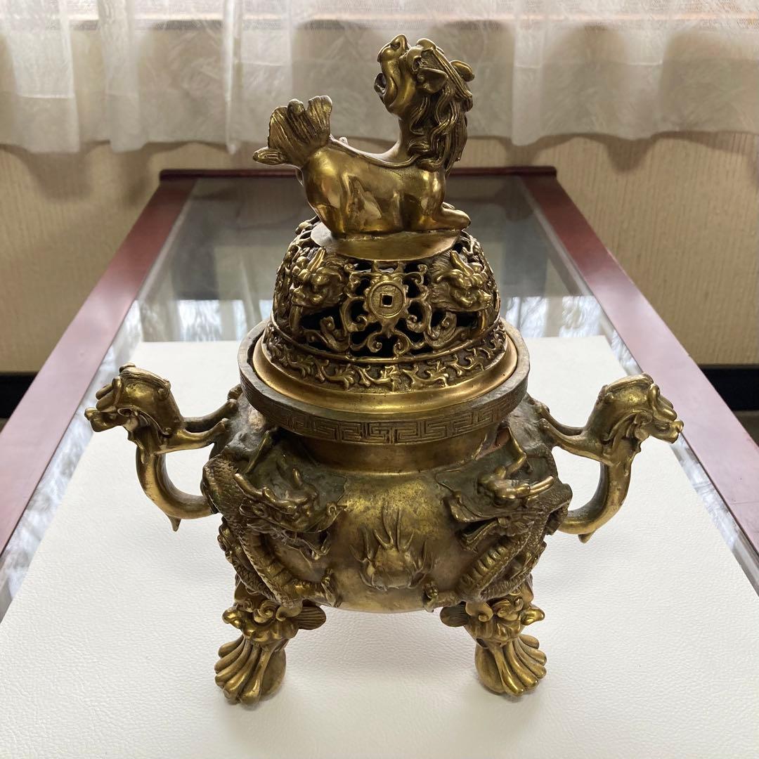 大明宣徳年鋳 香炉 銅製⁇ 真鍮⁇ 獅子 龍 工芸品 美術 大型 置物 レトロ