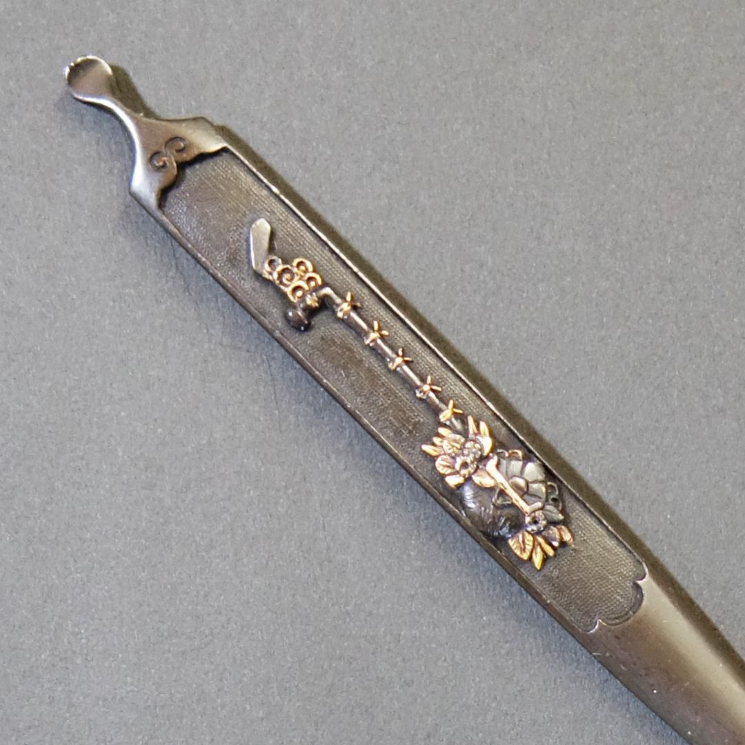 【 赤銅魚子地 祝飾図笄 】鍔 鐔 笄 日本刀 刀装具 武具 骨董 アンティーク