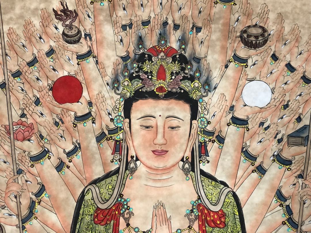 大雁塔 大慈恩寺住職手描き 千手観音菩薩 掛軸 大雁塔 大慈恩寺住職