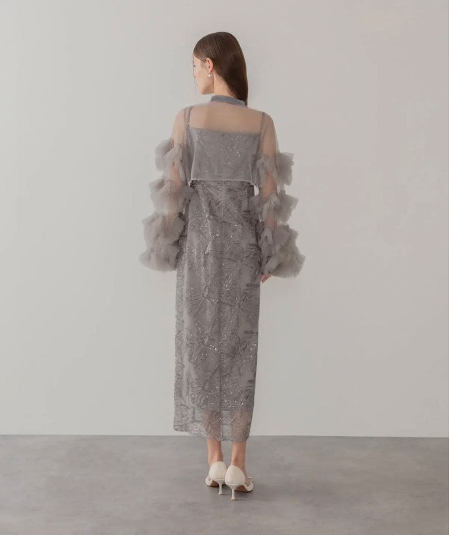 Leja フリルチュールスリーブリボンIラインワンピースドレス S タグ付き