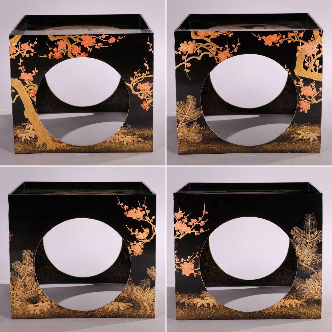 MB183】加賀蒔絵 花鳥本金蒔絵 大盃 盃台 天然木漆塗 鶏 松竹梅 鶴霊芝