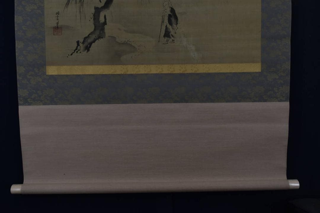 【真作】狩野洞雲/川柳に人物図/僧侶/横物/掛軸/名家伝来/Z-861