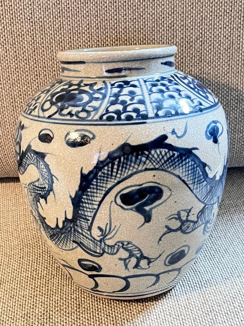 中国古玩 青花磁 元染 染付 雲龍紋 壺 花瓶 高約21cm 唐