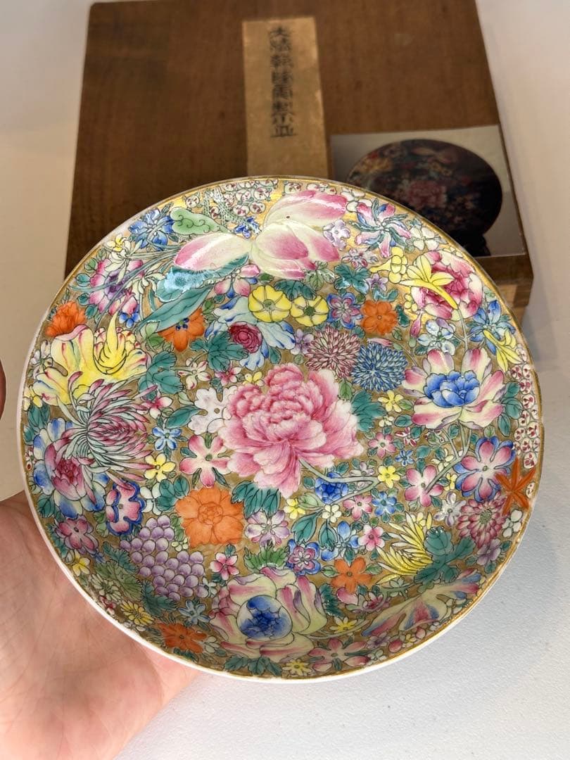 希少品 中国大清乾隆年製 百花不落地小皿 金彩満彩絵 盘