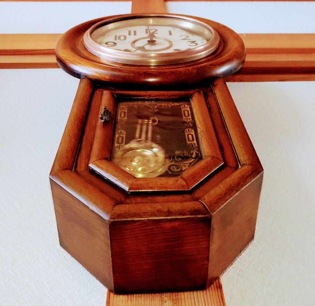 〈完動・美品〉尾張時計地球馬印　木地丸尾長ゼンマイ振り子時計 ボンボン時計古時計