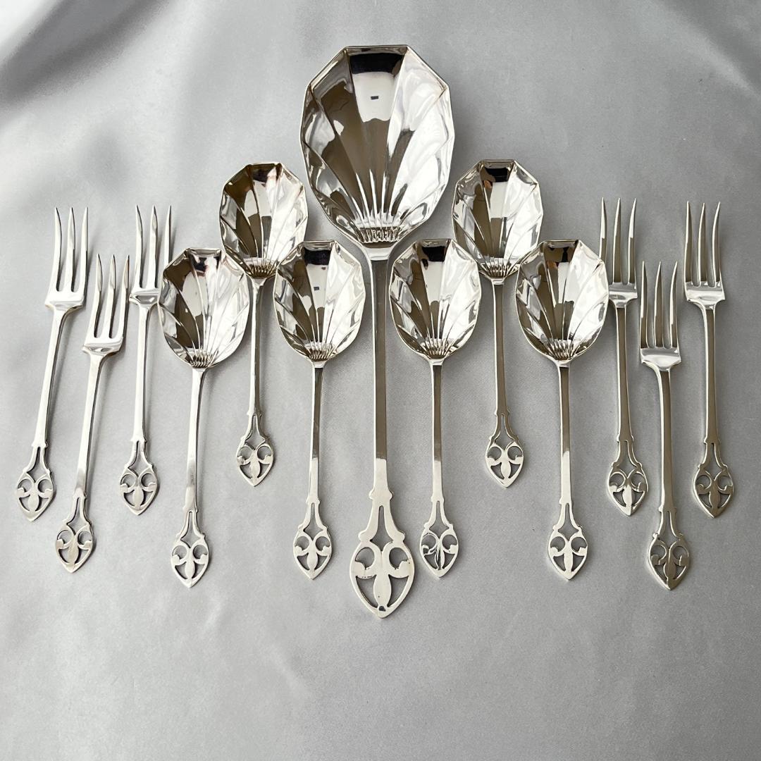 【英国】 透かしのアイスクリームセット スプーン / フォーク サーバー ケース