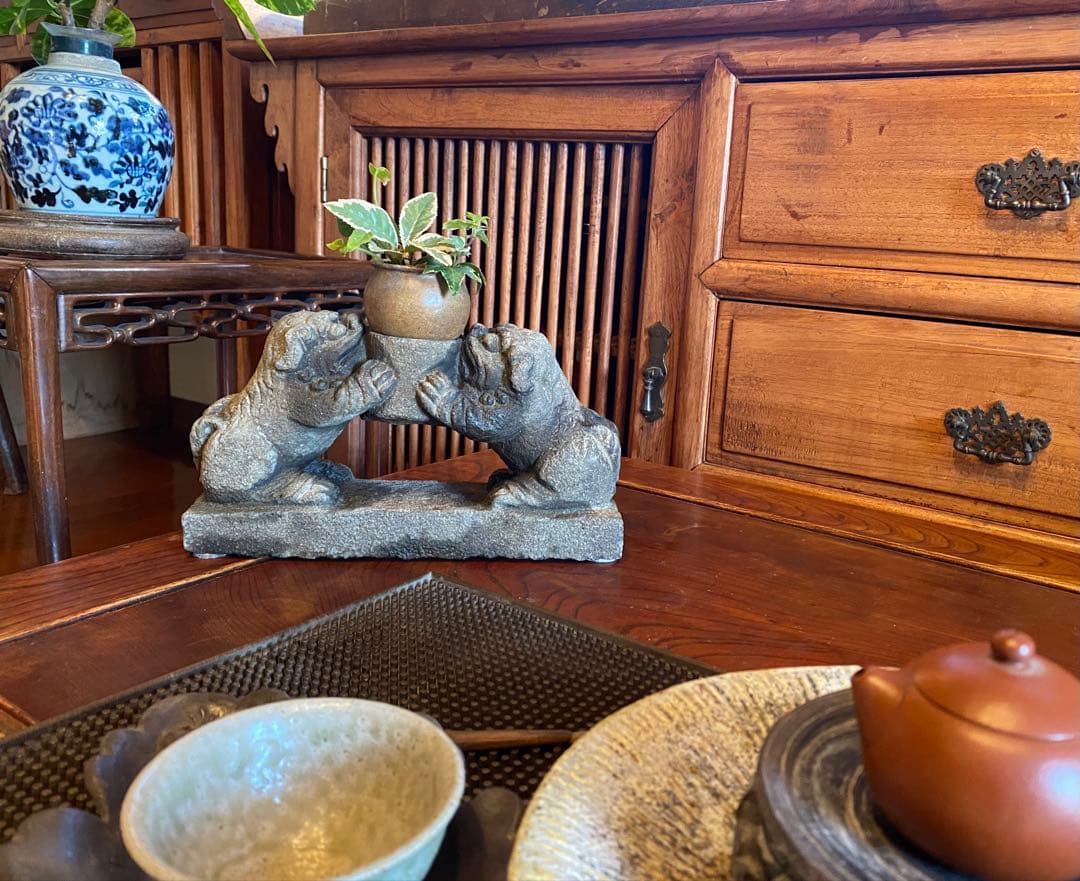 中国 石材彫刻 獅子・ヴィンテージ レア ・観葉植物・一輪挿し・中国
