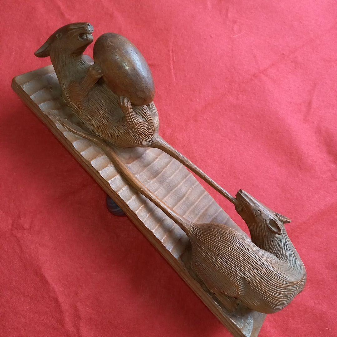 鼠 ネズミ ねずみ 木彫り 骨董 オブジェ 天然木 古民藝 彫刻 一刀彫