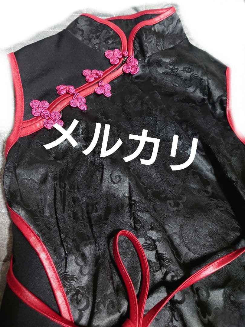QutieFrash 黒赤チャイナドレス 花ボタン付き