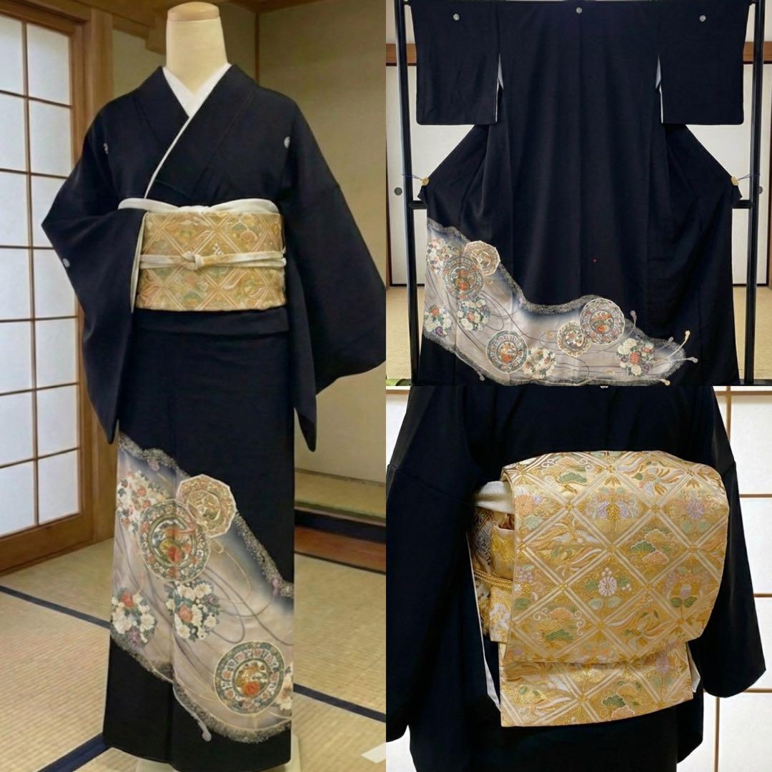 美品 正絹 黒留袖 4点フルセット 鳳凰 袋帯 結婚式 比翼仕立て 五つ紋