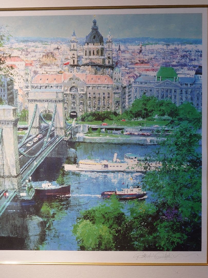 特別価格、リトグラフ、真作】小田切訓『ドナウの橋』、サイン