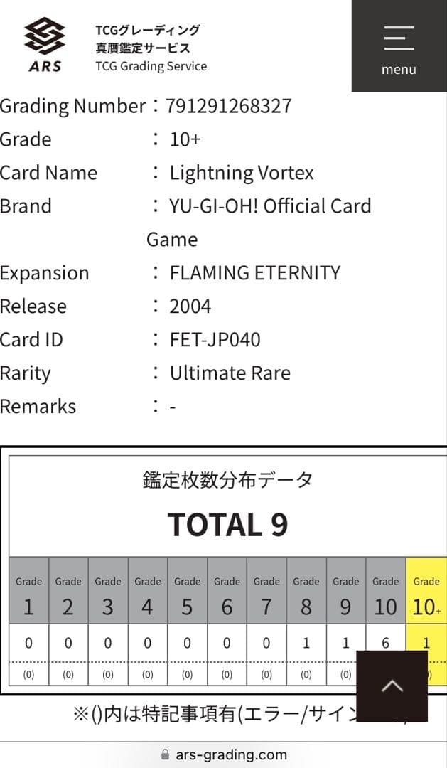 【世界に1枚】遊戯王　ライトニング・ボルテックス　レリーフars10＋　鑑定書付