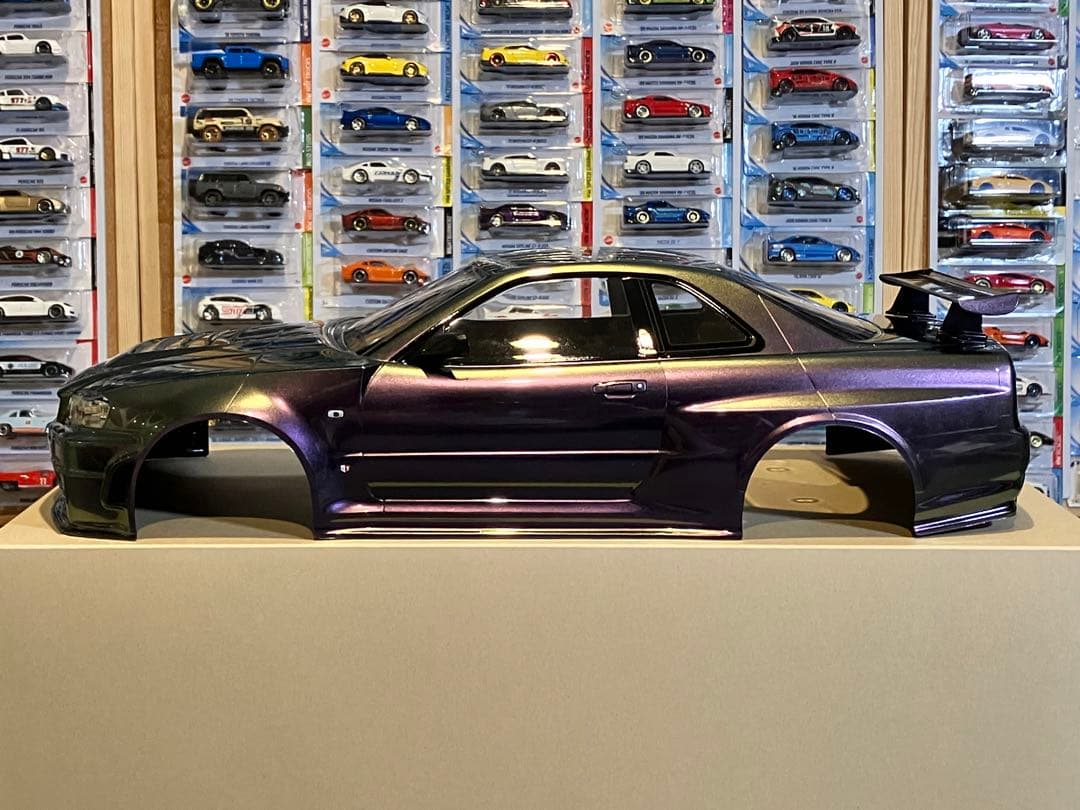 タミヤラジコンRC 日産スカイラインGT-R R34 塗装済スペアボディ偏光緑紫