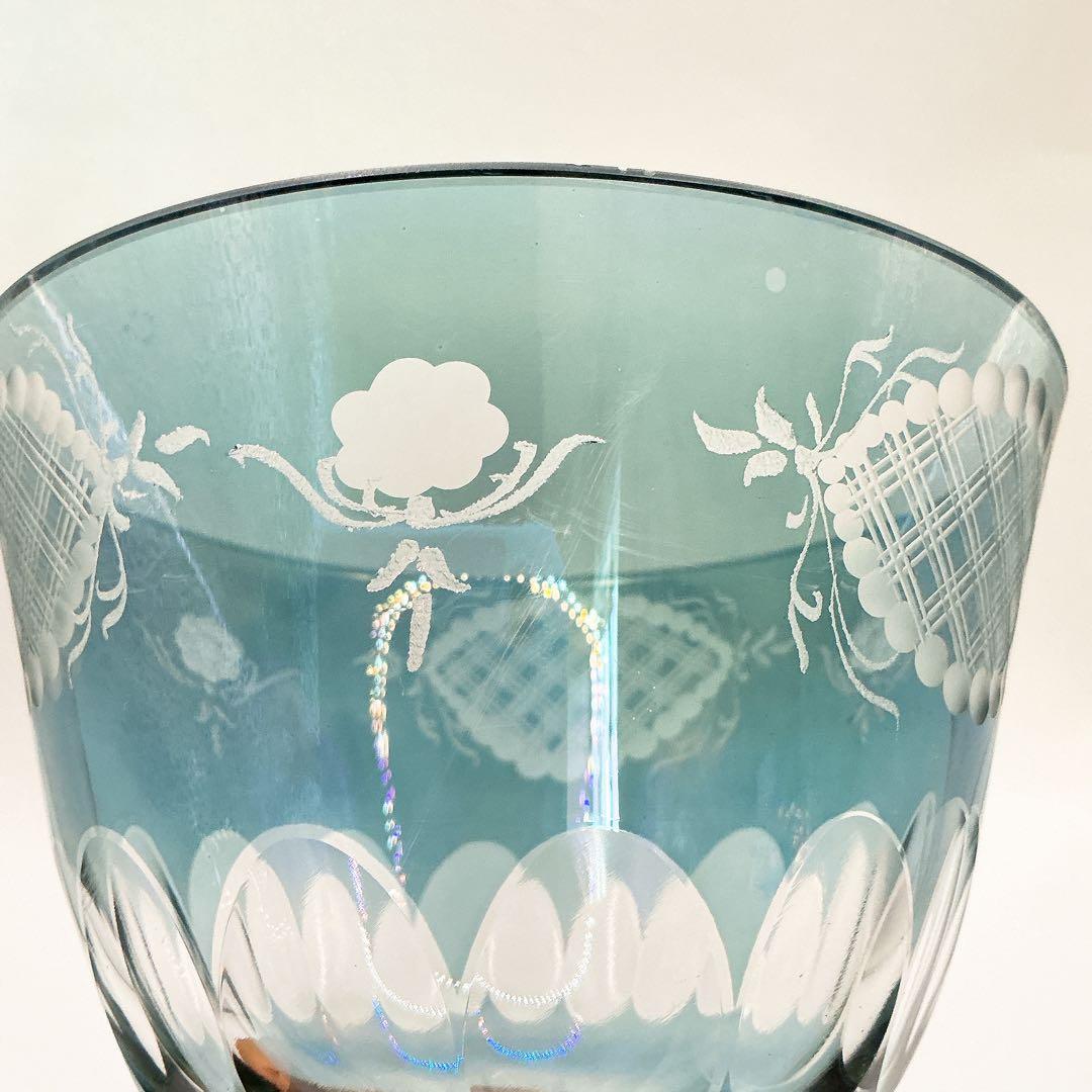 イタリア製 クリスタル ガラス アンティーク 脚付 24金 切子 ブルー