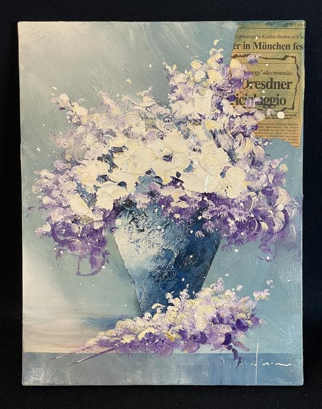 「真作」立川広己『パープルの花』静物画　油彩画　額装　サイン有り　F6号