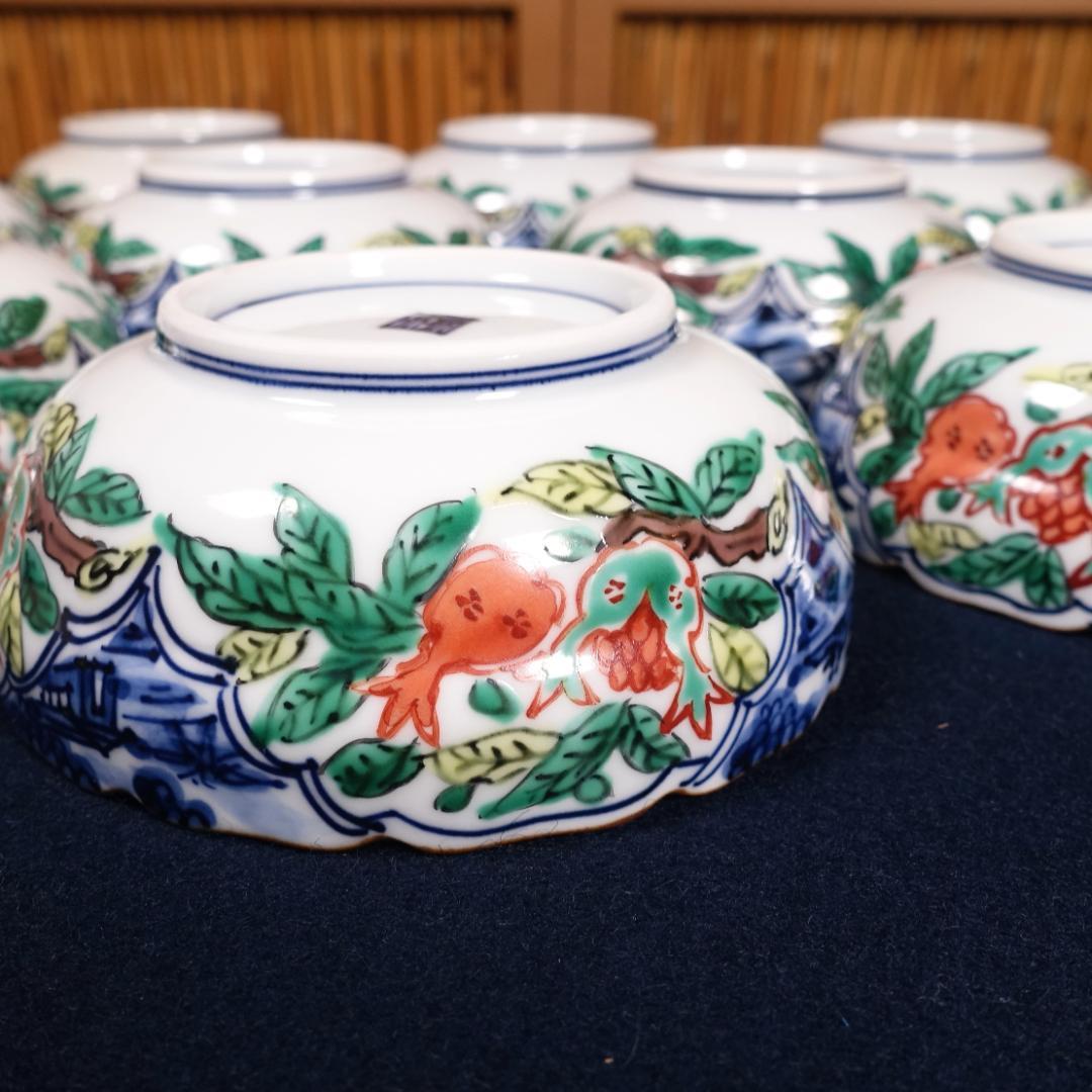 京焼名工 馬場京泉 染付色絵 柘榴に山水風景文 向付 10客