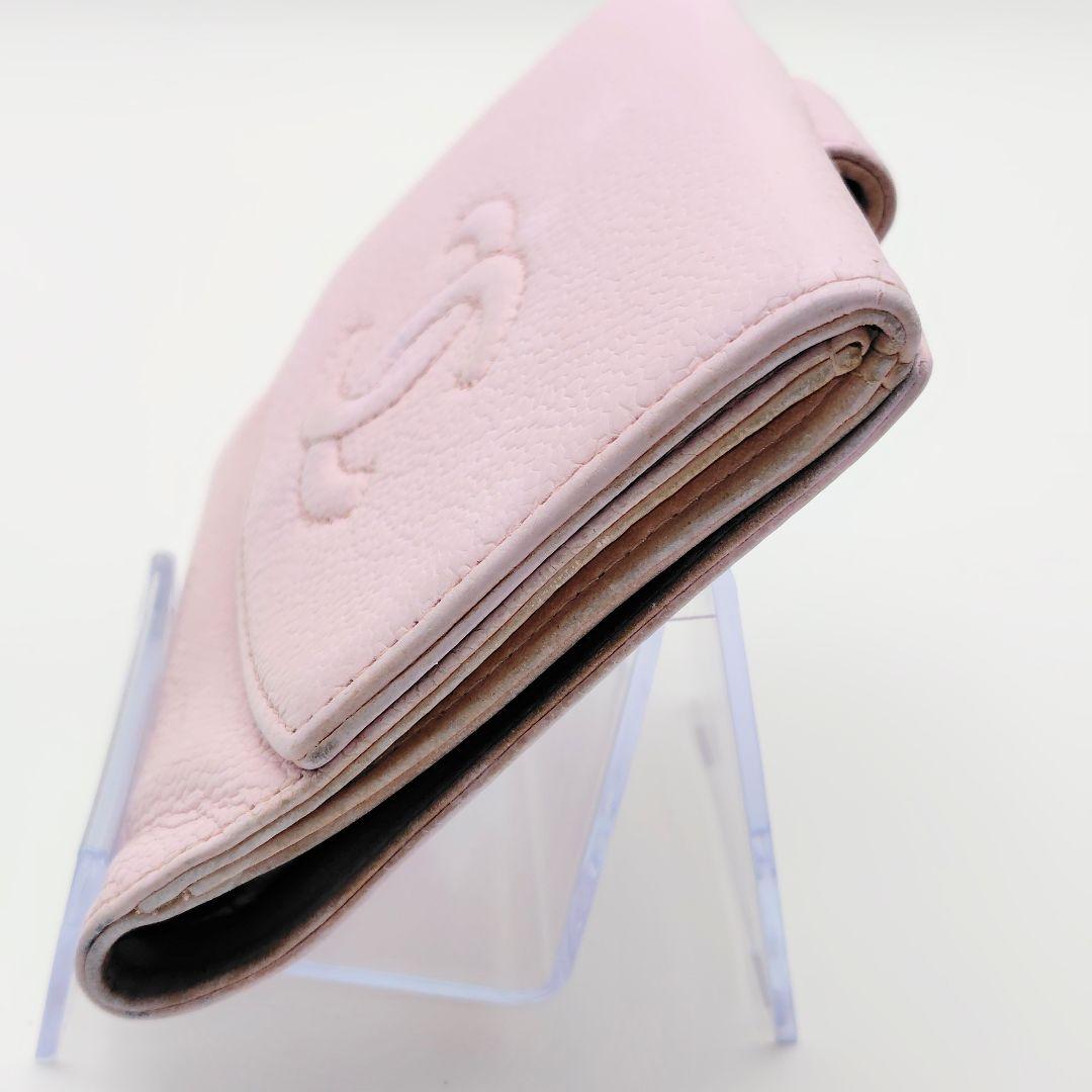 シャネル　キャビアスキン　ココマーク　三つ折り財布　ピンク