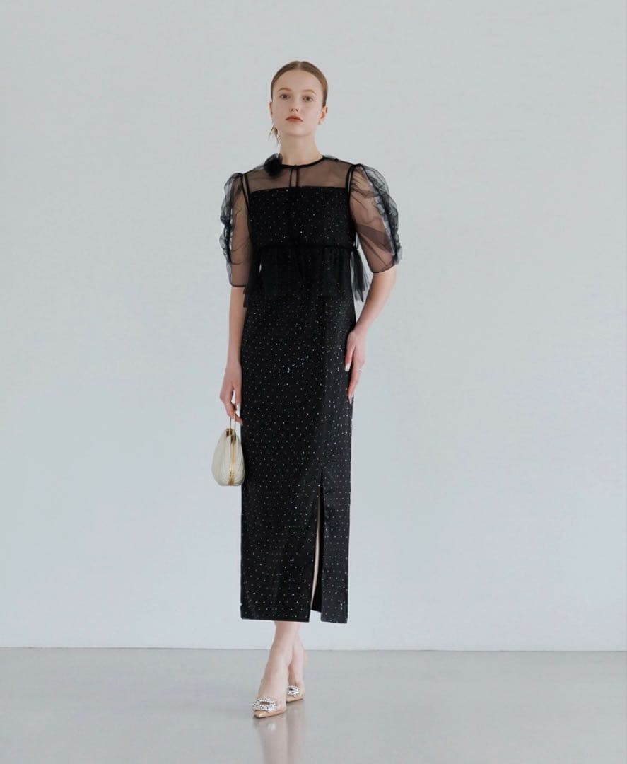 ブラックパーティードレス シースルー袖