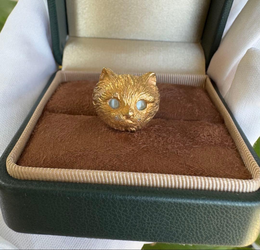 K18 キャットモチーフリング　ダイヤモンド　クリソベリルキャッツアイ　約6g