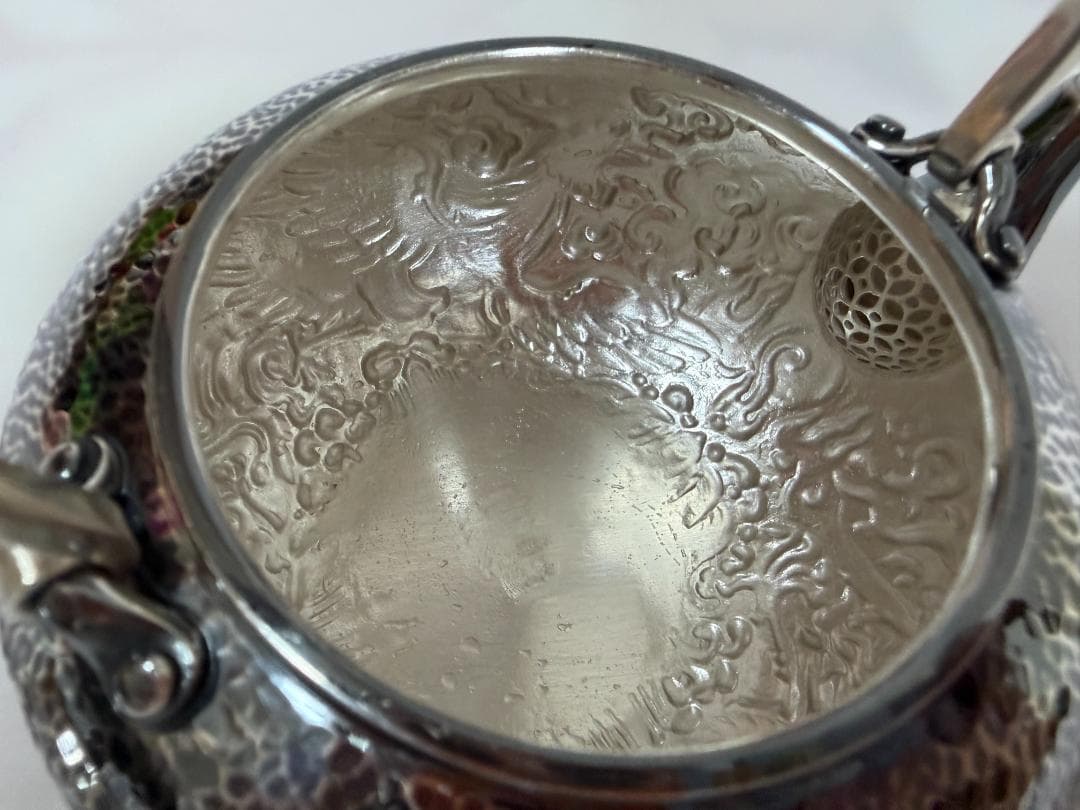 純銀製 龍鳳文 鎚目紋 湯沸 銀瓶 煎茶道具