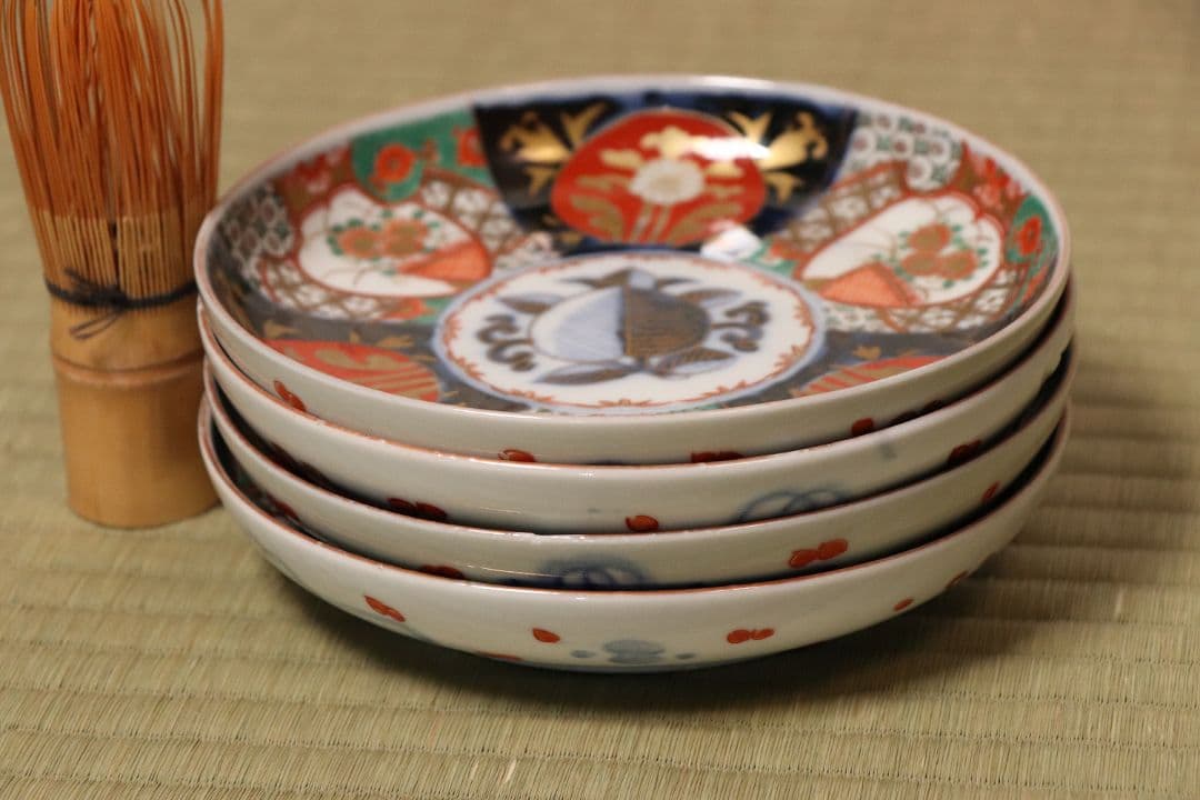 【CM48】古伊万里 色絵 五寸皿 四客 中皿 金彩 錦手 柘榴 花篭 草花