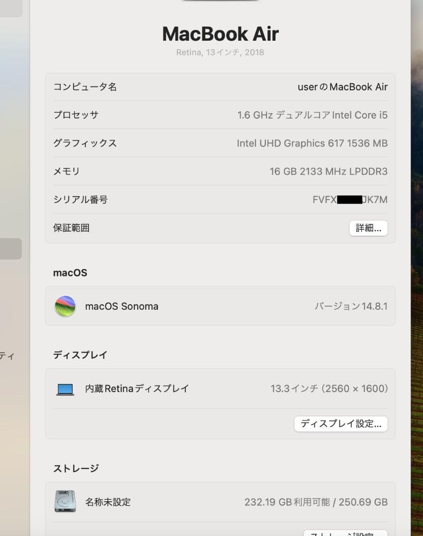 i5/16/256 バッテリー換済　MacBook Air 13　A1932