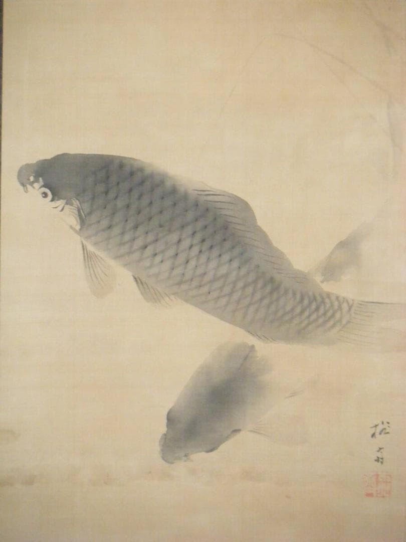 【真作】掛軸　双鯉図　逸品　O73