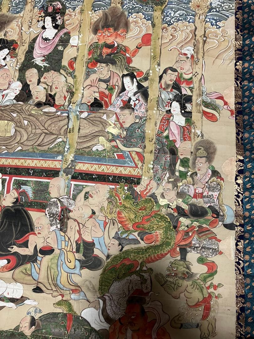 掛軸 超大幅 古仏画 『釈迦涅槃図』 紙本 肉筆 彩色 箱無 仏画 仏教