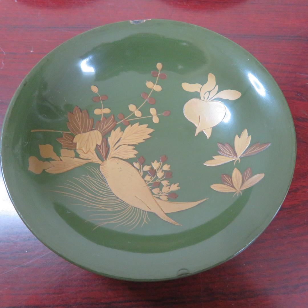 緑吸物碗 青地 盃 蒔絵 大根 カブ 8ケ 傷 欠け スレ 明治頃 希少 漆器