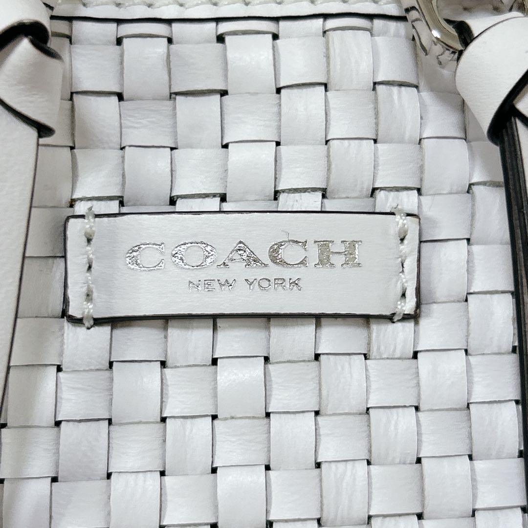 上品 COACH レザー ハンドバッグ ショルダー 2way 編み込み ホワイト