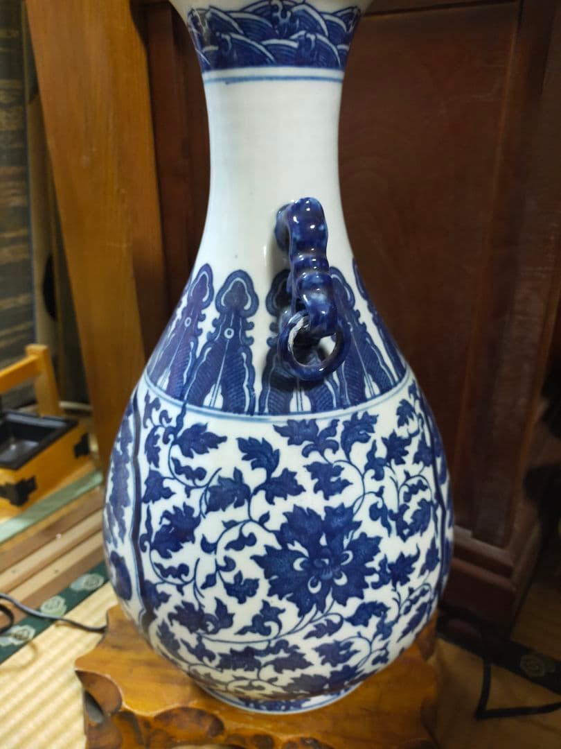 青花桃仙人図耳環付花瓶/大清乾隆年製/飾壺/中国美術 高さ約42cm