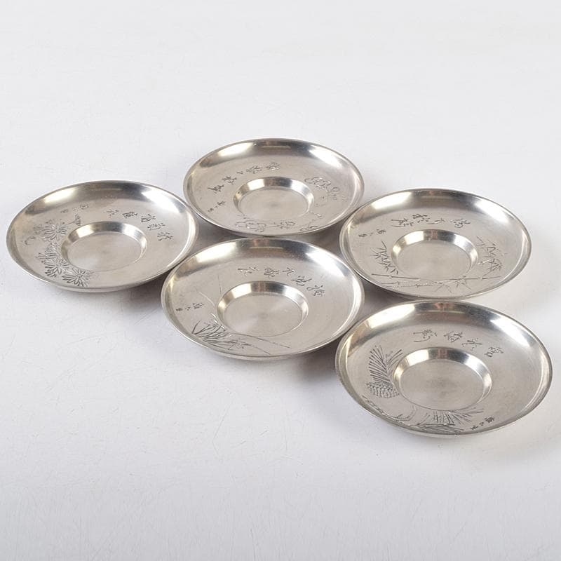 平安 邃古居 秦蔵六造 純錫 倣張萬順之作意 圓式茶托 五客 共箱 GR9455
