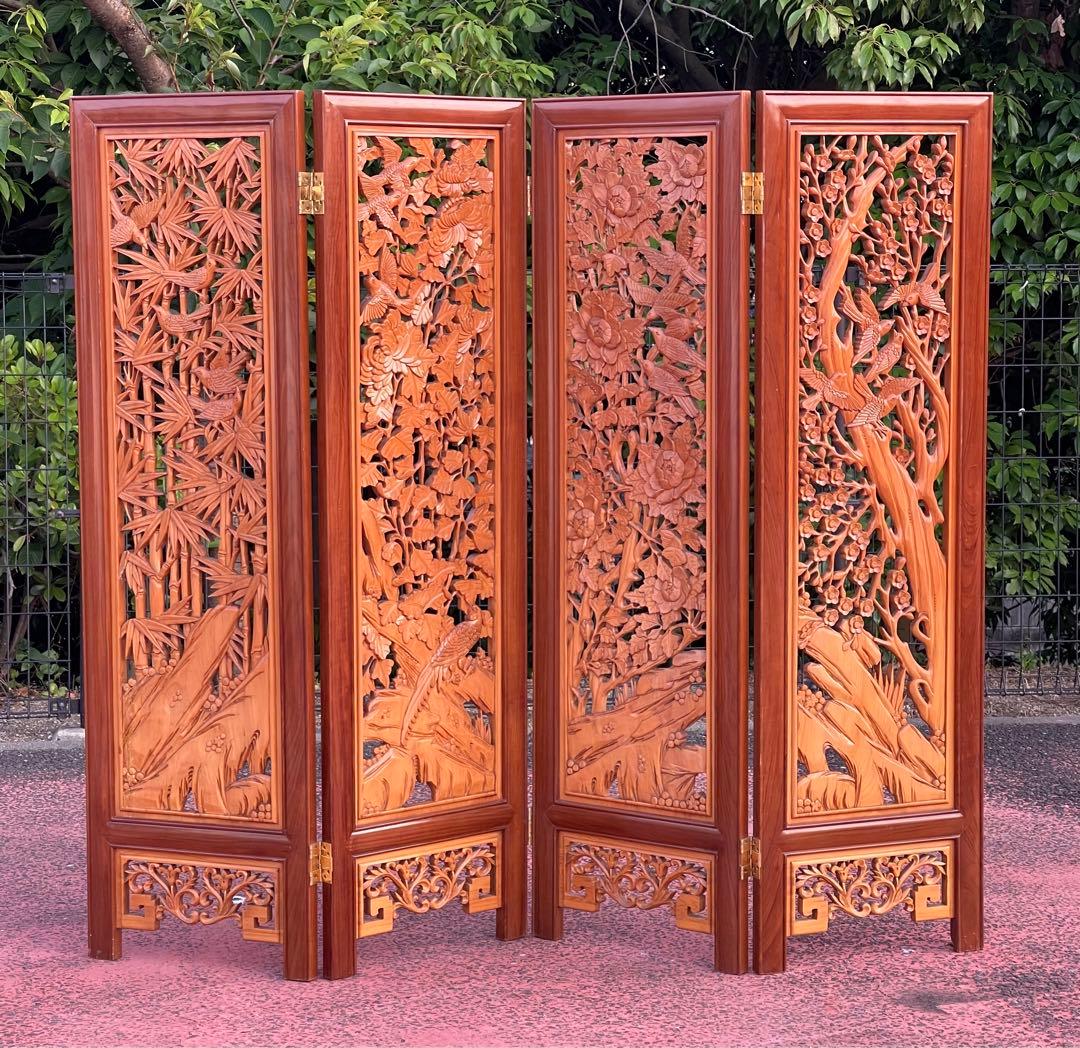 希少♪ 高級 彫刻 4枚絵柄 骨董 衝立 パーテーション 仕切り