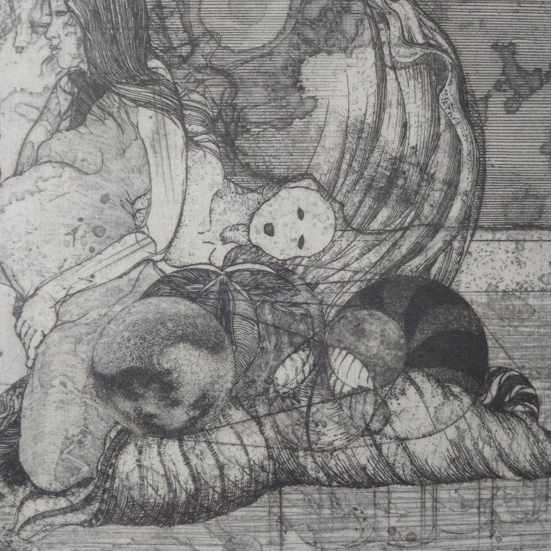 多賀新 銅版画『W45 不毛な両性』直筆サイン入 桐製額装 ウコン布&共箱