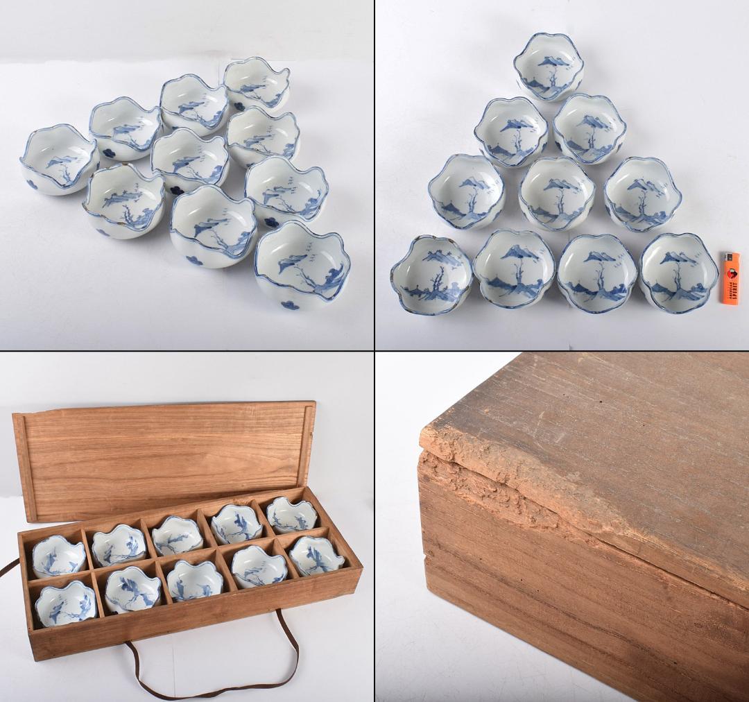 中国　古染付　山水文　向付　十人前　時代箱付　D　3915C