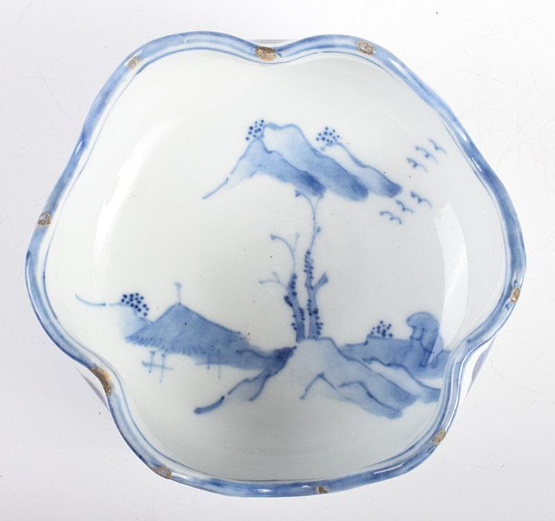 中国　古染付　山水文　向付　十人前　時代箱付　D　3915C