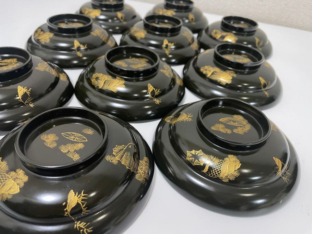 漆器 輪島塗 金蒔絵 貝柄 黒 内朱 吸物 割烹 蓋付き10客個 お煮物椀