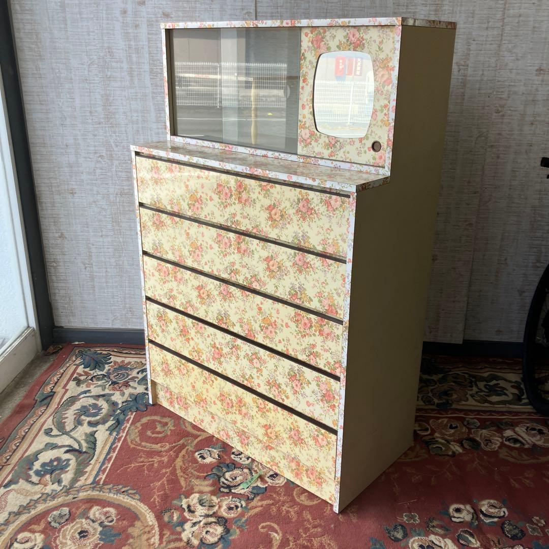昭和レトロ 花柄 バラ柄 木製チェスト 5段タンス 飾り棚 古家具