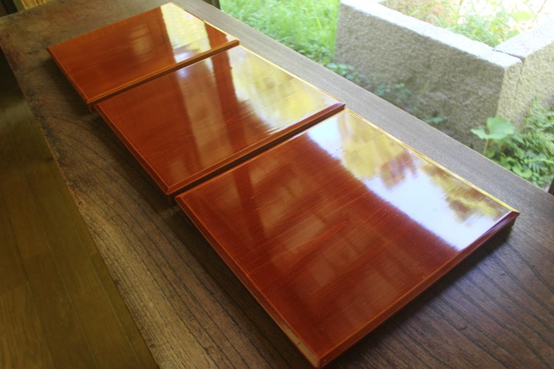 デッドストック！春慶塗の入れ子四方折敷大中小セット（検懐石盆お盆お膳