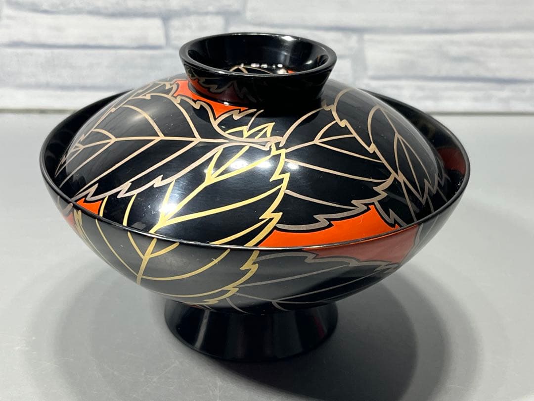 時代木製漆器 桜紅葉 黒蒔絵椀 五客 金蒔絵 梨地 楓【CL61】検・茶懐石