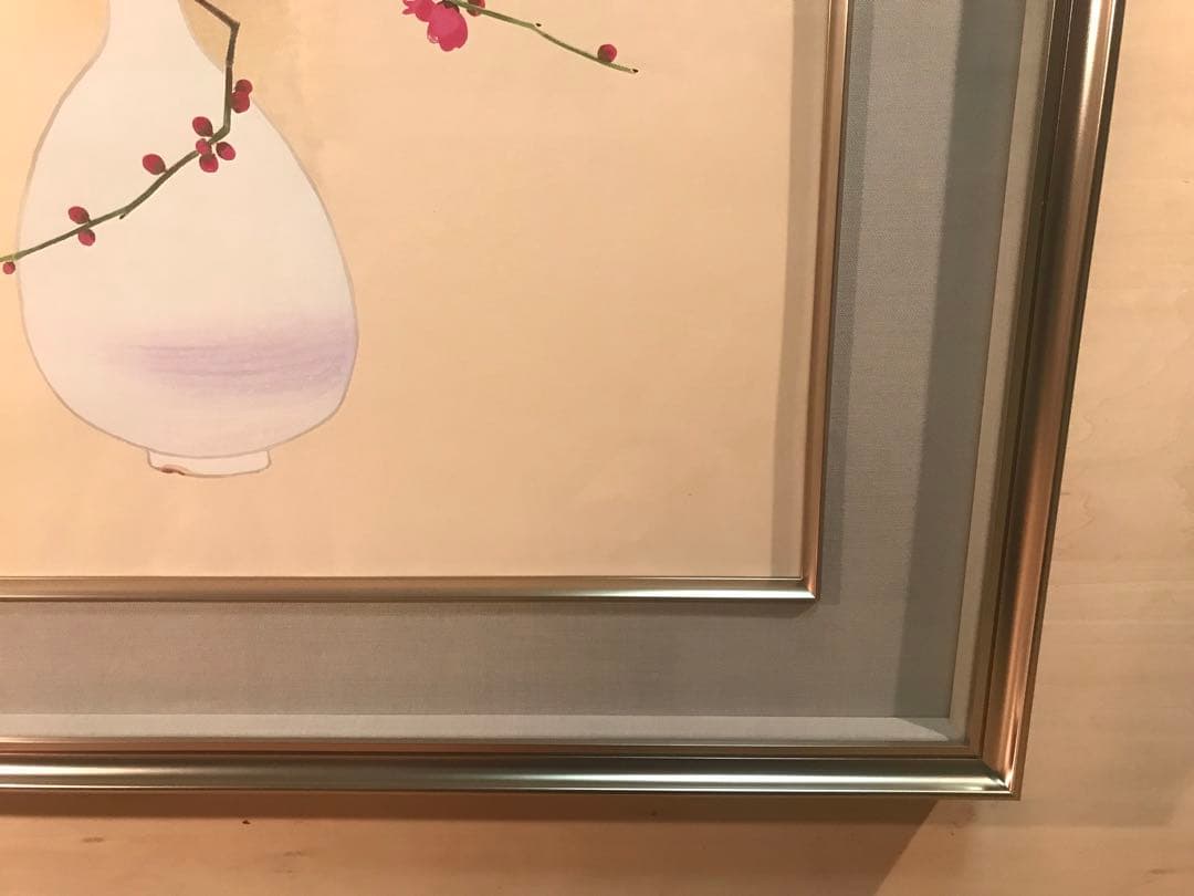 安田靫彦「紅花白瓶」木版画 刷り込みサイン・落款・作品証明シール