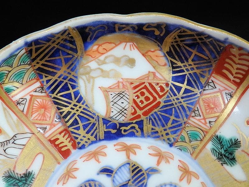 古伊万里　金襴手　富士に梅　笹に柘榴の図　４寸皿　５客　上手　145AS-CBh