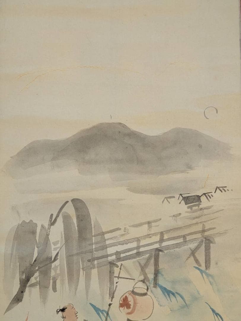 【真作】掛軸　涼を楽しむ納涼床図　橋と川辺の宴風景　夏の風物詩　合箱入　T19