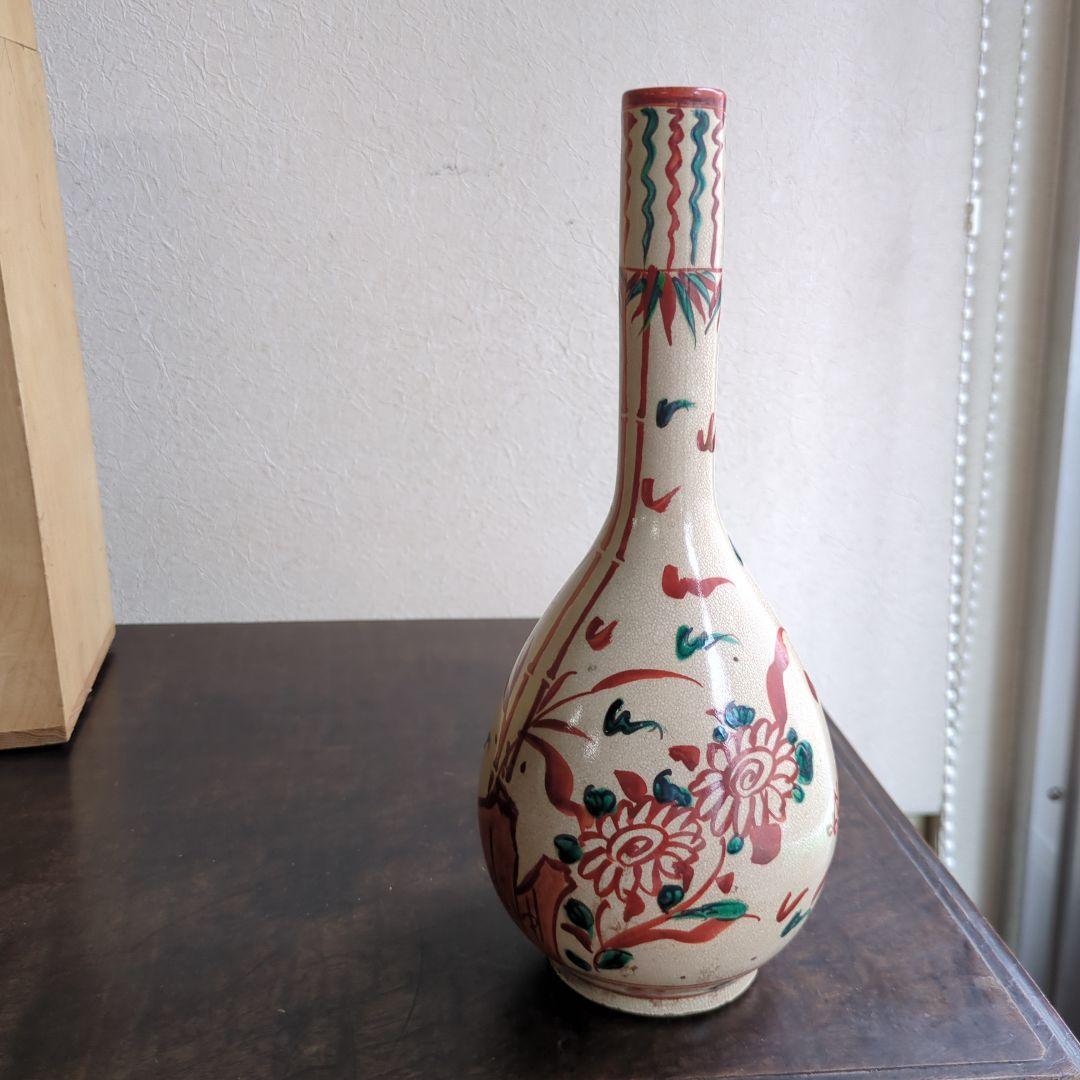 骨董 木米造 花瓶 鶴首 赤絵 花入 茶道具 茶道 陶器 木箱