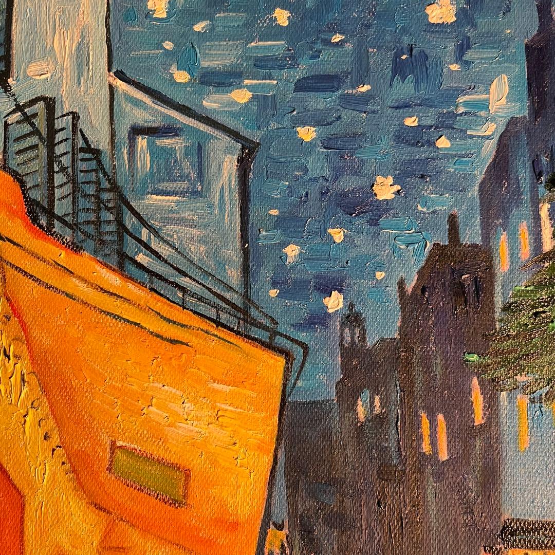 ★秀作★ 手書き油絵 ゴッホ 夜のカフェテラス 肉筆絵画 額付 油彩画